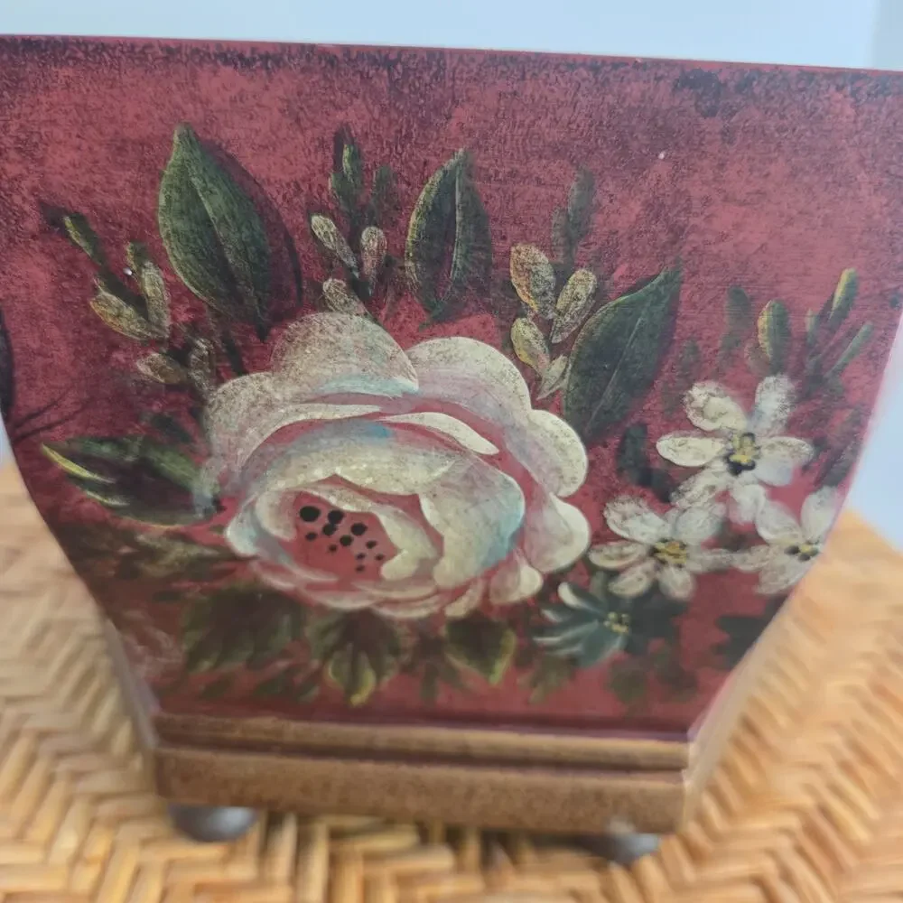 Vtg Toleware Set Footed Planter Lidded Box Burgundy Red Floral Handpainted